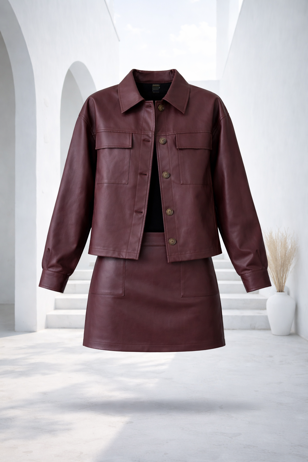 Burgundy Leather Skirt Set