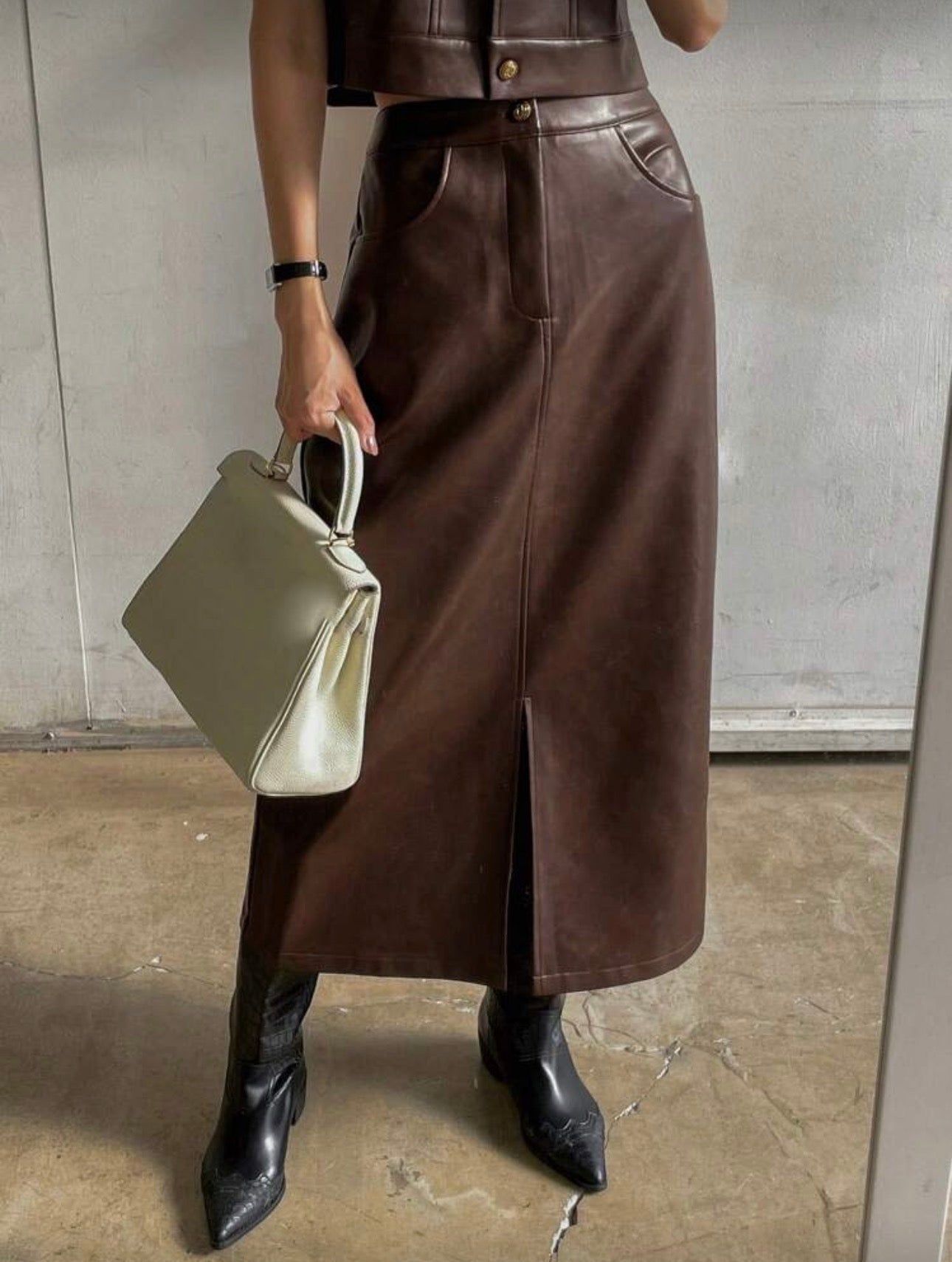 Brown Leather Skirt Set