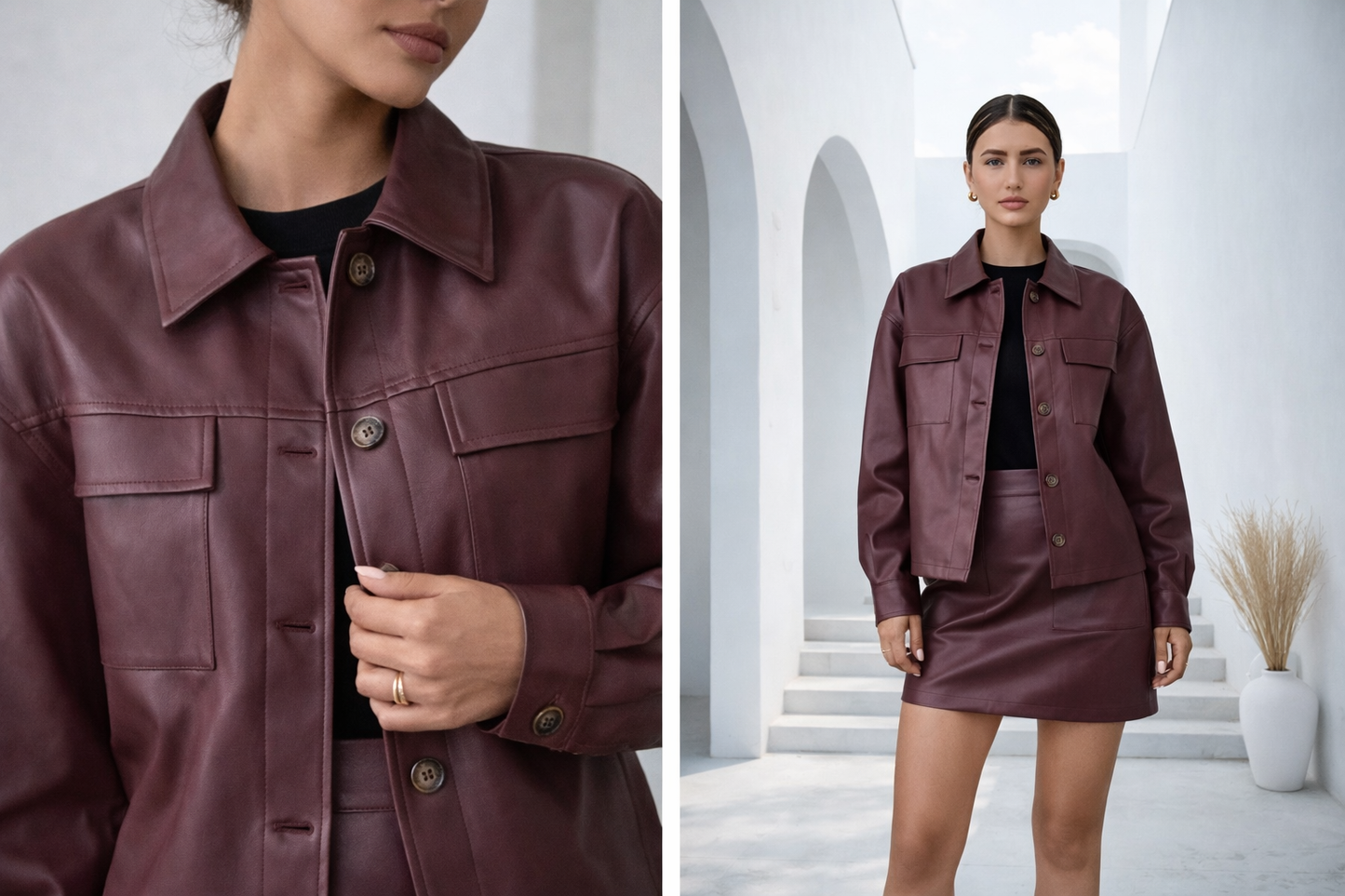Burgundy Leather Skirt Set