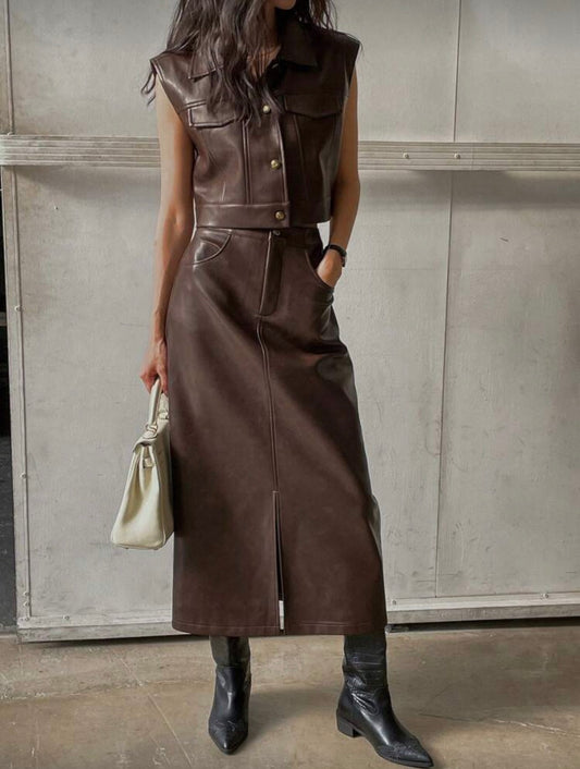 Brown Leather Skirt Set