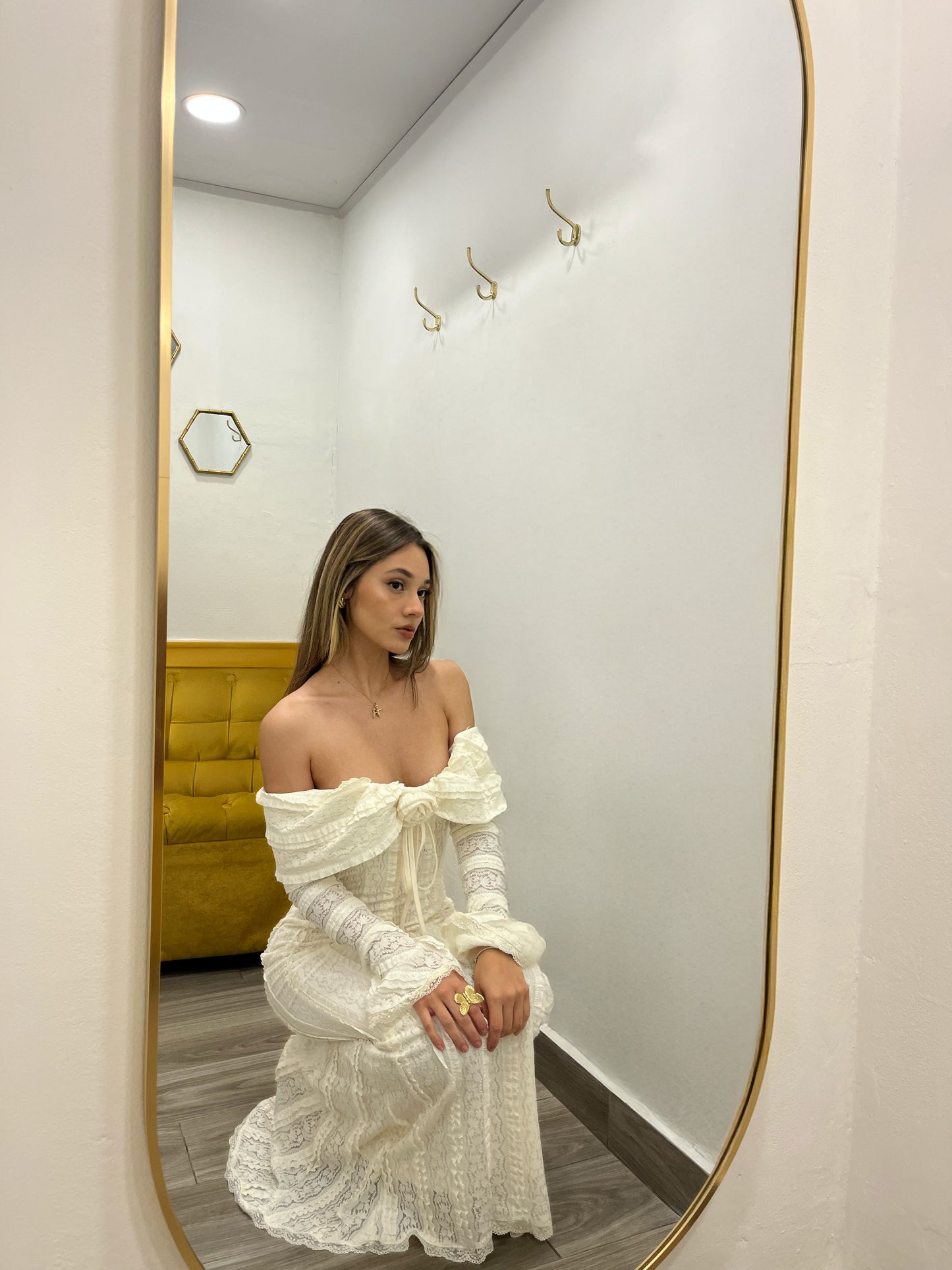 Off-Shoulder Ivory Midi Dress