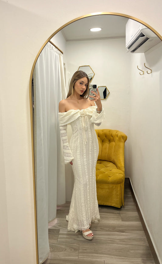 Off-Shoulder Ivory Midi Dress